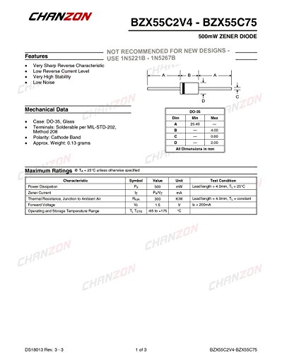 Chanzon BZX55C3V0 דיודה זנר 0.5W 3V DO-35 דיודות ציריות 0.5 וואט 3 וולט