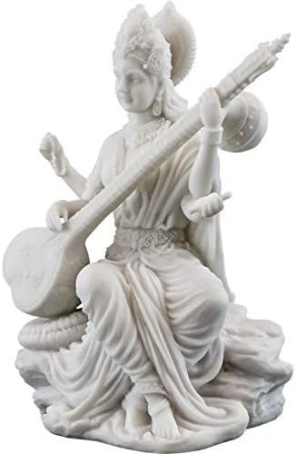 אוסף עליון פסל סרסווטי- אלת הידע ההינדית, מוסיקה ופסל אמנות בגימור שיש לבן- צלמית בגודל 5.75 אינץ '
