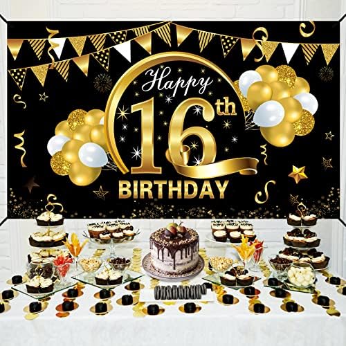שמח 16 יום הולדת באנר רקע קישוטי עבור בני בנות, שחור זהב 16 יום הולדת סימן ספקי צד, גדול שש עשרה שנה ישן