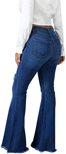 נשים של קרע פעמון תחתון ג 'ינס גבוה מותן גלם מכפלת התלקח ז' אן הרזיה במצוקה רחב רגל ג ' ינס מכנסיים