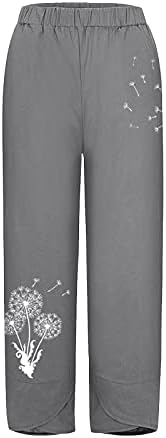 מכנסי טרקלין רגליים רחבות לנשים בתוספת גודל כותנה קיץ פשתן חוף מכנסי קפרי פרחוני הדפס פרחוני מכנסי טרקלין