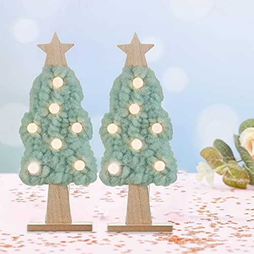 עץ חג המולד של השולחן עם אורות - עץ חג המולד מעוטר עם אורות צמר בית חווה בעבודת יד ועץ מיני שולחן עליון