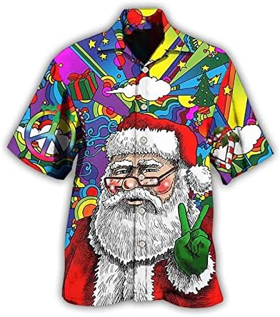 חולצת חג המולד של ZDDO לגברים כפתור שרוול קצר כושר רגוע של חולצות למטה חג המולד מצחיק סנטה קלאוס הדפס חוף הוואי