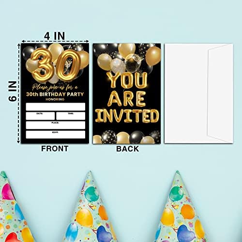 כרטיסי הזמנות למסיבת יום הולדת 30, הזמנת יום הולדת של מבוגרים בשחור וזהב, הזמנת מילוי בלון זהב דו