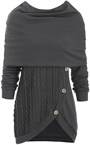 חולצות חג לנשים בתוספת גודל צווארון ארוך שרוול מוצק בוטון פצ ' וורק אסימטרית חולצות סוודר