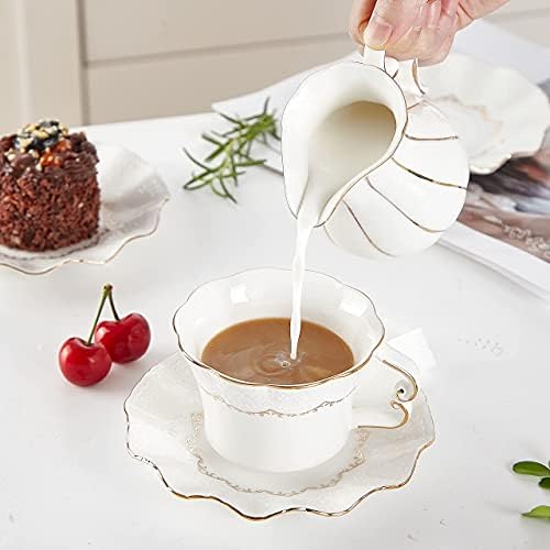 סט של 6, יוקרה תה כוס סט עם זהב לקצץ, הקלה הדפסת קפה כוסות עם מעמד מתכת, בריטי רויאל פורצלן תה מסיבת סט-לבן