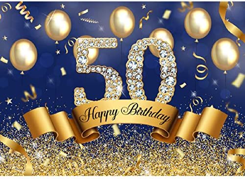 שמח יום הולדת 50 רקע כחול וזהב נצנצים בלון יהלומים צילום רקע מבריק למבוגרים גברים חמישים שנה