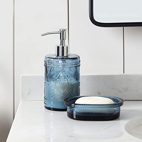 4 יחידות אביזרי אמבטיה של זכוכית כחולה כהה מוגדרים עם דפוס לחוץ דקורטיבי - כולל מתקן סבון ידיים וכוסות