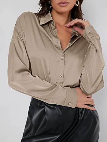 שיין נשים של ארוך שרוול סאטן חולצה כפתור מוצק זרוק כתף חולצה חולצות
