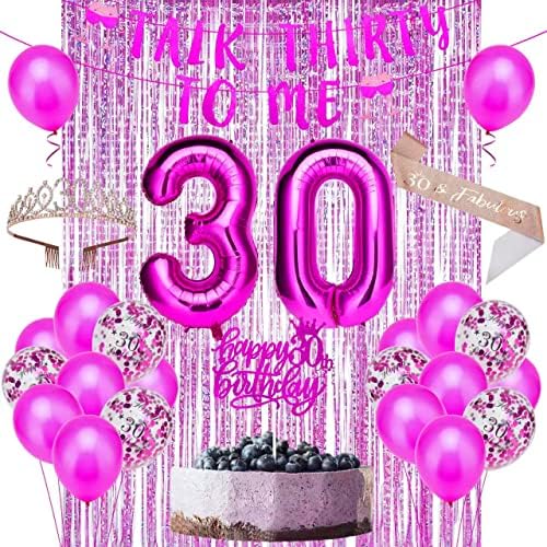 קישוטי יום הולדת 30 לנשים, ורוד לוהט 30 קישוטי יום הולדת בשבילה, דבר שלושים אלי באנר, כתר, אבנט, טופר עוגה