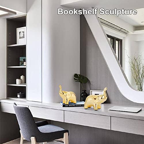 ג'ימבון זוג פסל פיל זהב תפאורה ביתית, צלמיות בסגנון מודרני, פסל למדף ספרים שולחני בסלון, קרמיקה זהב קישוטי