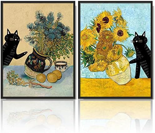 NCYEL כיף שחור חתול פרחוני חמניות קיר אגרטל אגרטל פרח מופשט צבע הדפסה פוסטר ואן גוך קיר הדפס חווה