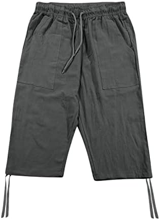 מכנסי פשתן כותנה לגברים מותניים אלסטיים קיץ חוף מכנסיים קצרים מזדמנים רופפים משקל קל משקל ספורט עם כיסים