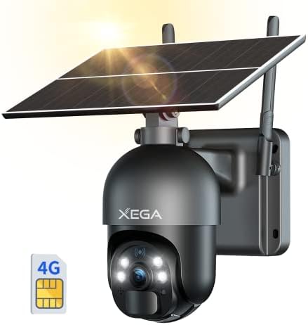 Xega 4G LTE מצלמת אבטחה סלולרית מצלמת סולארית חיצונית אלחוטית, 2K HD Color Vision Night Vision PTZ 360