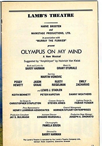 Olympus Playbill על מוחי 1986 מרטין וידנוביץ 'פגי יווט לואיס סטאדלן