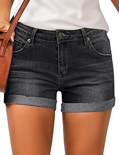 Lookbookstore המותניים הגבוהים של נשים מגולגלות מכנסי ג'ינס במצוקה קרועה מכנסיים קצרים