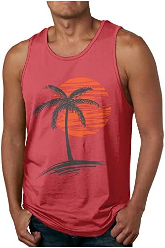 גברים של חוף גופייה קיץ עגול צוואר ספורט כושר שקיעה הדפסת גופייה חולצה הוואי דקל עץ שרוולים חולצה