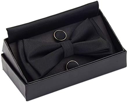 גוסלסון גברים בצבע אחיד שתי שכבות עניבת פרפר קשורה מראש וערכת חפתים מרובעת בכיס עם קופסת מתנה