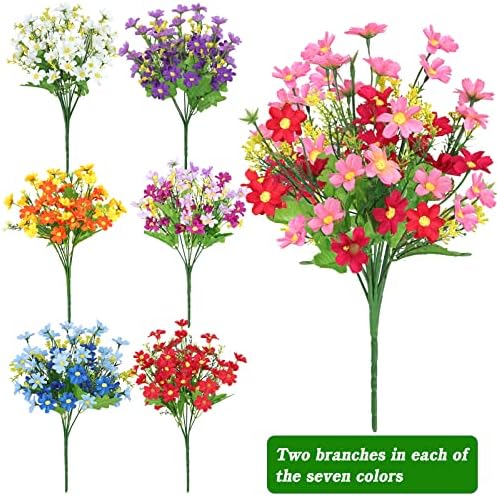 14 חבילות מלאכותי חרציות פרחים חיצוני, מזויף פרחים בתפזורת עמיד פו ירק צמחים לתליית אדניות חלון תיבת מול