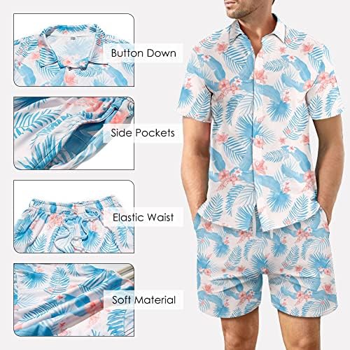 אימונית פרחים של Duofier לגברים חולצה הוואי ומכנסיים קצרים חליפה 2 סטים של תלבושות חוף, B03-2XL