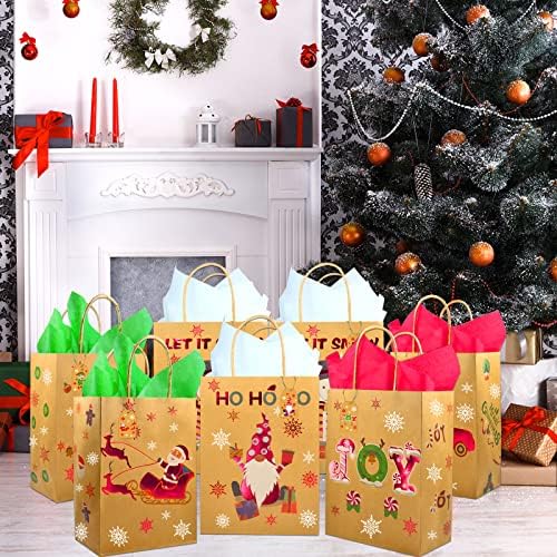 Mukosel 24 PCS שקיות מתנה לחג המולד עם נייר טישו ותגי מתנה, 6 עיצובים שקיות מתנה לחג עם ידית לעטיפת מתנות, מתנות