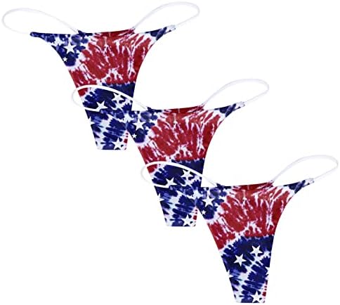 תחתוני ביקיני לנשים חבילה של 3 חתך גבוה ארהב 4 ביולי רצועת מתיחה G-String Low Riming USA דגל דגל הדפסת