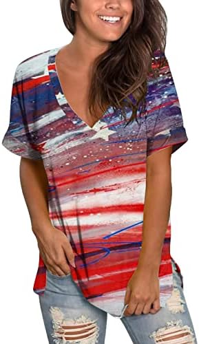 4 ביולי חולצות חולצות לנשים שרוול קצר צווארון V-צווארון Tshirt כוכבי דגל אמריקאים כוכבי טוניקה חולצת
