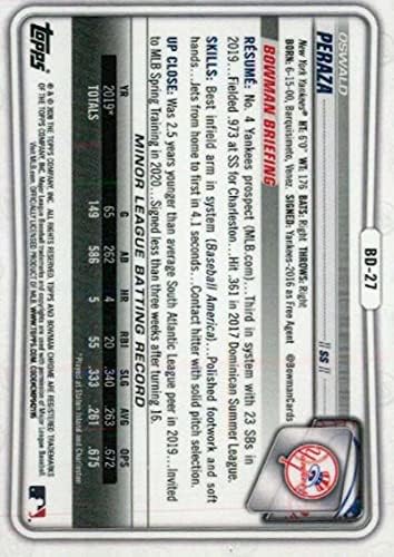 2020 דראפט כרום באומן BD-27 Oswald Peraza RC טירון ניו יורק ינקי MLB כרטיס מסחר בייסבול