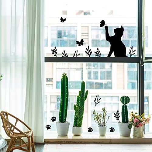 מדבקות קיר חתול שחור שחור מדבקות חתול צללית מדבקות פרפר קיר עיצוב פו מדבקה מדבקת חיה אמנות ויניל