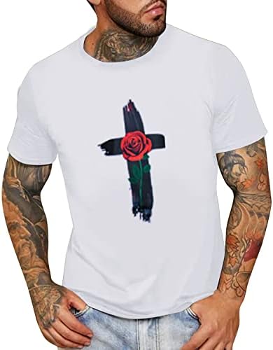 חולצות טריקו של שרוול קצר של XXVR גברים, ישו קרוס ורד הדפס צווארון קרב חולצה בסיסית