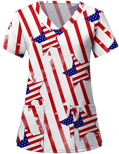 4 ביולי חולצה לנשים ארה ב דגל קיץ קצר שרוול צווארון חולצות עם 2 כיסים חולצה למעלה חג מזדמן בגדי עבודה