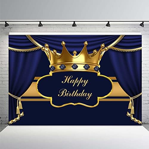תפאורת יום הולדת כחולה מלכותית Mehofond לגבר מבוגר קישוטי יום הולדת של הנסיך באנר זהב וכחול וילון כתר אבני