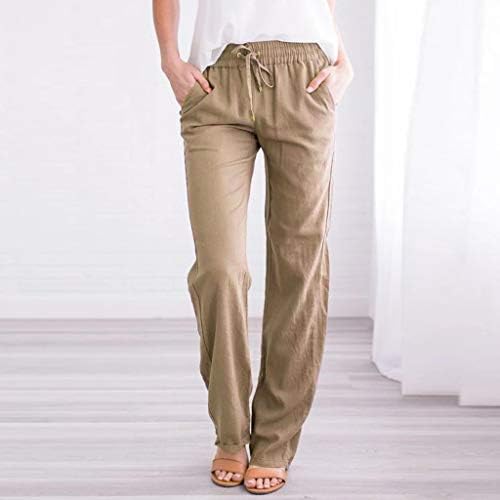 מכנסי פשתן כותנה מזדמנים קיץ לנשים מכנסי רגל רחבים עם כיסים רופפים בכושר צבע אחיד מכנסי רגל ישר מכנסי חוף מכנסיים