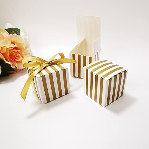 קופסה מרובעת קטנה עם פסים זהב, קופסת ממתקים לחתונה חלומית, קופסת מתנה ליום הולדת GoldverticalPattern+סרט