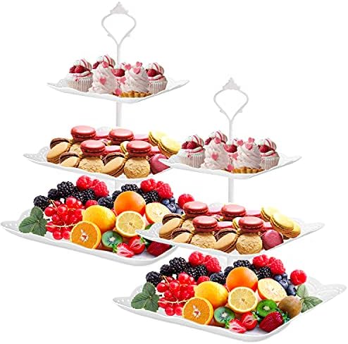 עמדת הקאפקייקס, 2 סט של צלחות קינוח 3 קינוחים מיני עוגות פירות ממתקים תצוגה מגדל עוגיות מגש עוגיות מתלה