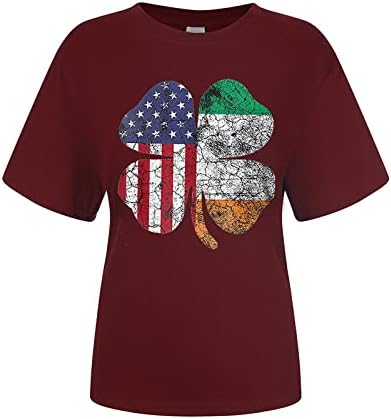 יום פטריקס דגל אמריקאי דגל ארבע חולצת הדפס עלים לנשים שמרוק מזדמן O צוואר שרוול קצר חולצה אירית