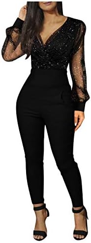 אופנה לנשים עם צווארון V-צווארון גוף שחור תחרה שחורה נצנצים רשת רומפסים אישה שרוול ארוך כיס בלינג