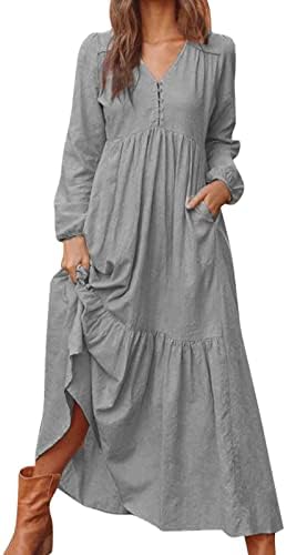 שמלת נדנדה לנשים סתיו נשים כפתור כותנה רטרו מזדמן ארוך שרוול שמלה מזדמן מקסי שמלות לנשים