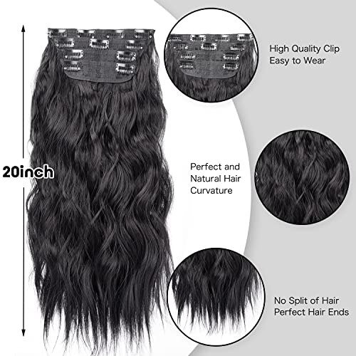 שחור שיער הארכת 20 אינץ לנשים 4 יחידות עבה נוכריות ארוך גלי טבעי סינטטי קליפ בתוספות שיער