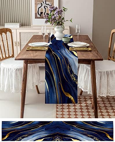 רץ לשולחן שיש פלאניק 72 אינץ ' ארוך פשתן כותנה מטבח רצי שולחן ארוחת ערב, מודרני כחול כהה מופשט