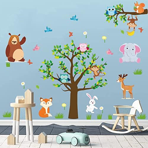 ג ' ונגל בעלי החיים מדבקות קיר יער בעלי החיים עץ קיר מדבקת ינשופים קיר מדבקות לילדים תינוק משתלת חדר משחקים חדר