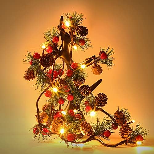 זר חג המולד של Sggvecsy עם אורות 7ft Cons Cons Cons Garland עם פירות יער אדומים מחטי אורן לחג