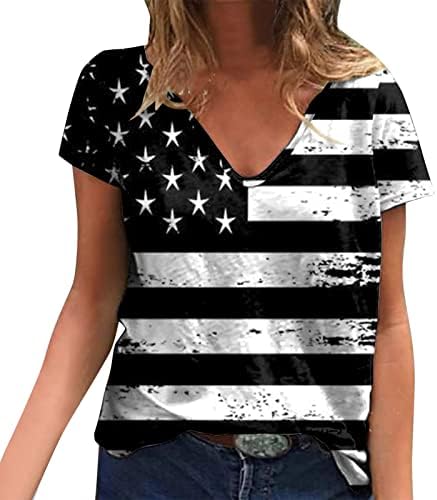4 יולי חולצות לנשים מקרית קיץ אמריקאי דגל טי חולצה קצר שרוול צווארון פסים לקשור לצבוע פטריוטית חולצה