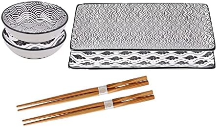 סט סכום סט סושי חרסינה בסגנון יפני סט עם 2 צלחות סושי, קערות, כלים לטבילה, 2 זוגות מקלות אכילה במבוק עם