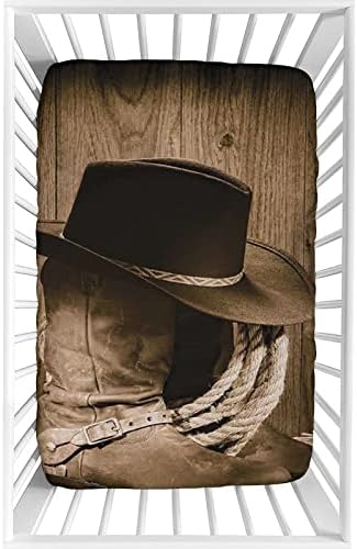 גיליון עריסה מצויד דקורטיבי, מיקרופייבר מערבי משיי משיי פעוטות רך גיליון מזרן מותאם, 28 x 52, כובע קאובוי