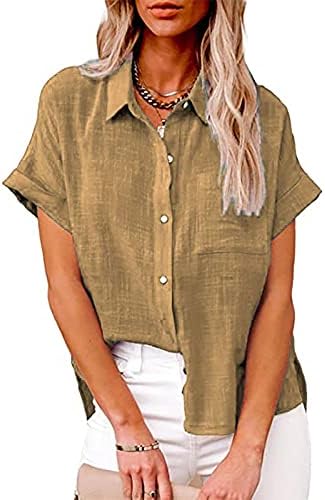 צמרות נשים נגד חולצות פשתן צוואר גבוהות חולצות שרוול קצר סתיו סתיו צמרות קיץ כפתור למעלה 2023 בגדים TS