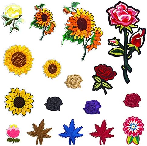 Langfon 17 PCS פרחים טלאים רקומים, ברזל מגוון בגודל על טלאים מוגדרים לג'ינס תיקון דקורטיבי ורדים