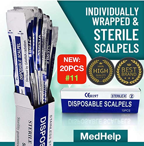 Medhelp Scalpel Destible Scalpel 11, קופסה של 20, אזמלית חד פעמית, קופסה של 10, וקרקפת חד פעמית 23, קופסה
