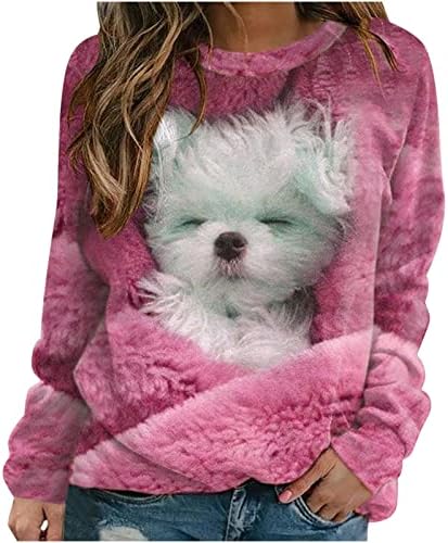 נשים חמות מטושטשות סוודר חמים 3D דפוס כלב דפוס צבע סווטשירט צבעי סווטשירט סווטרייר שרוול ארוך צוואר
