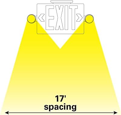 בטח שלט יציאת LED עם אורות חירום, שני ראשי אור LED מתכווננים, לבן עם אותיות ירוקות, גיבוי סוללה, 120-277 וולט